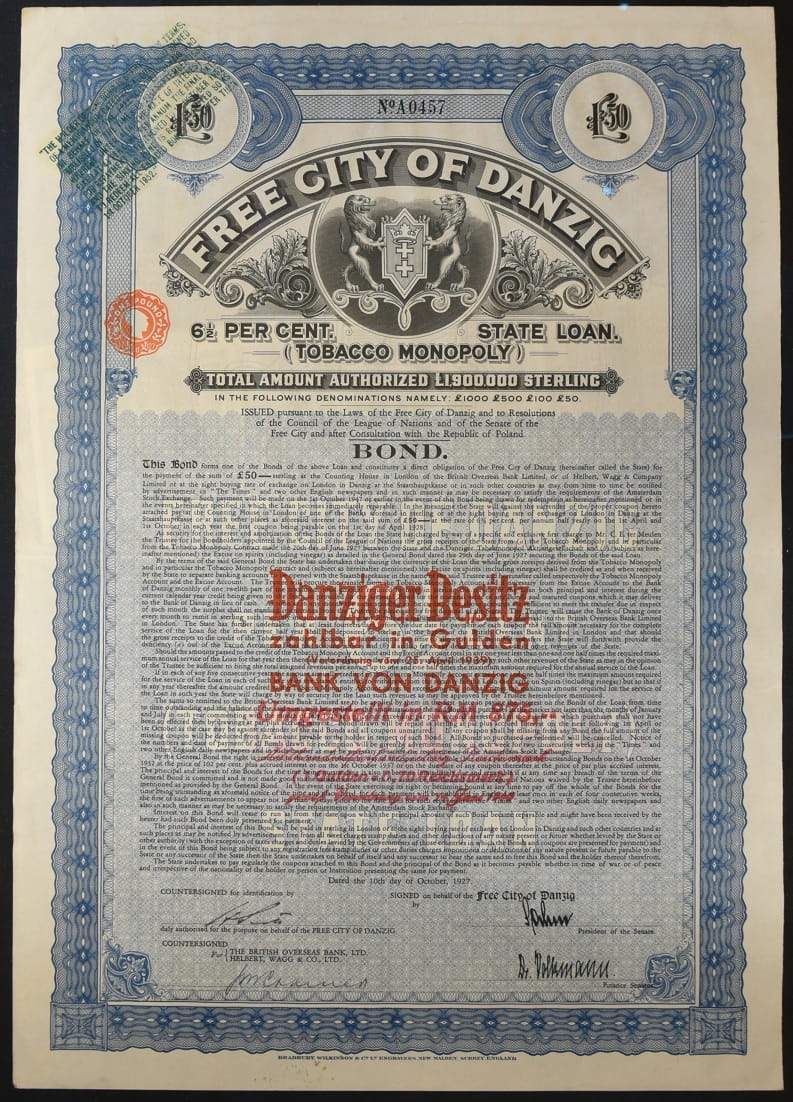 Akcja Tobacco Monopoly 50 funtów 1927 Danziger Besitz