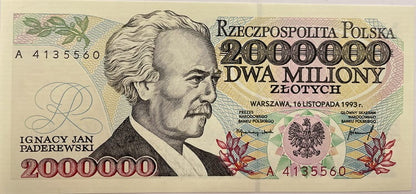 Banknot 2000000 zł Ignacy Jan Paderewski 1993 r. stan 1