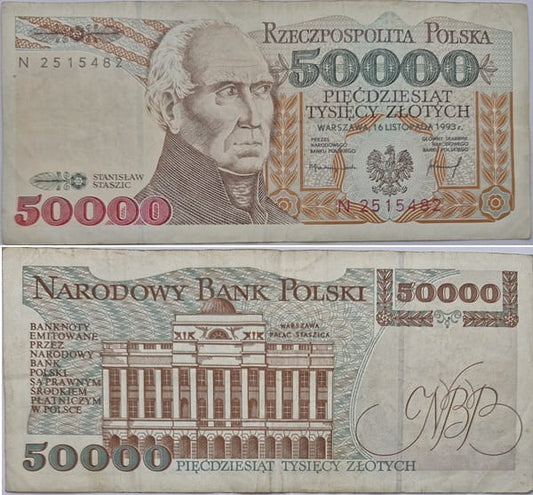 Banknot 50000 zł 1993 Stanisław Staszic stan 3